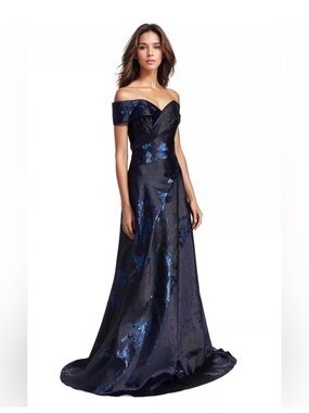 Rene Ruiz Off-the-Shoulder Navy Blue Evening Gown